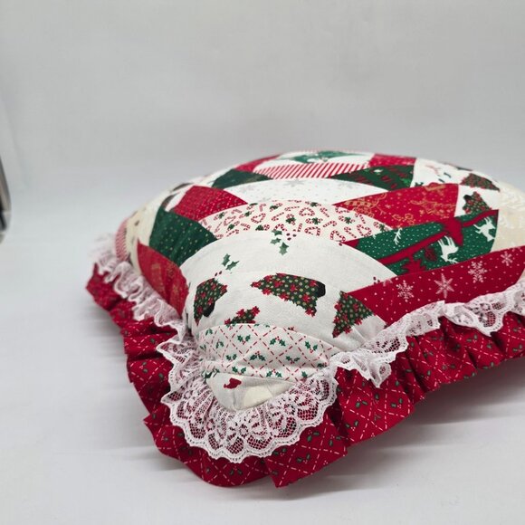 Handmade Christmas Patchwork Quilted Christmas Throw Pillow With Lace Ruffle - Picture 11 of 11